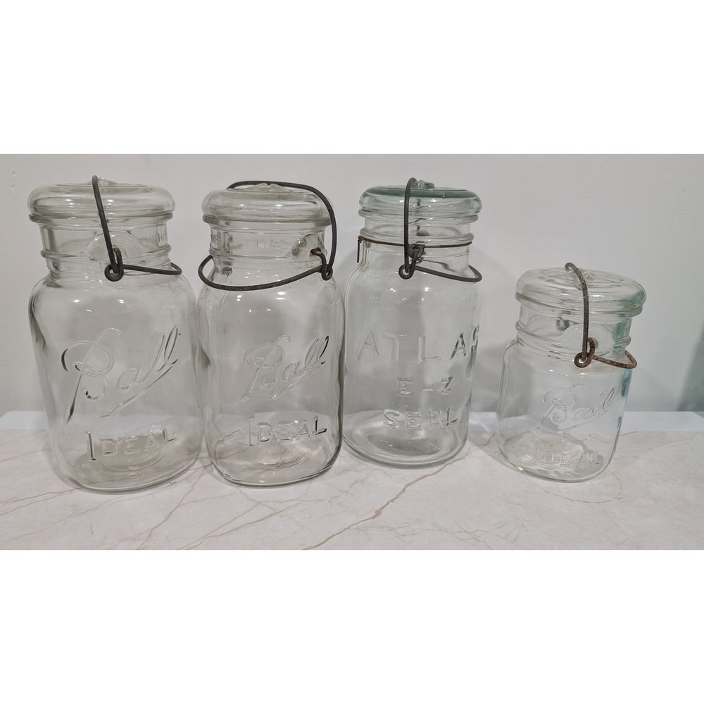 Vintage Ball Ideal and Atlas E-Z Seal Glass Canning Jars with Wire Bail Lids 4pc